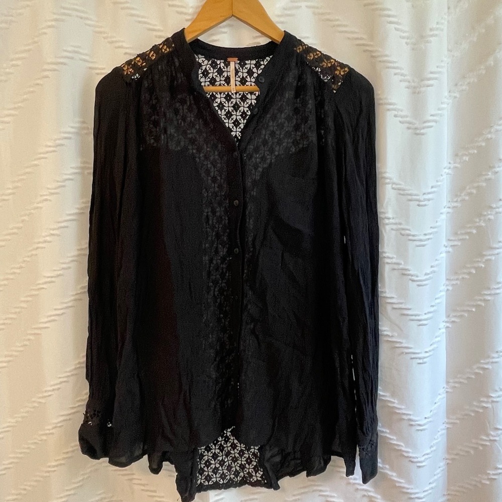 Free People Womens XS Black Crochet Lace Button Down Long Sleeve Boho Blouse Top